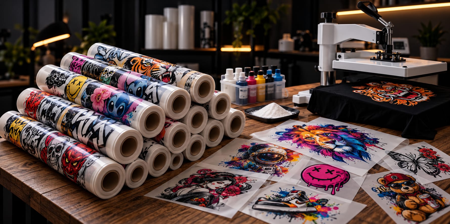 Rolos e folhas de DTF impressos com artes coloridas sobre uma mesa, ao lado de uma prensa térmica e de uma camiseta preta estampada.